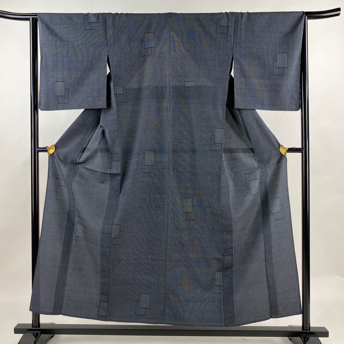 お召 身丈154.5cm 裄丈64cm M 薄物 本塩沢 証紙 色紙 絣 濃紺 正絹