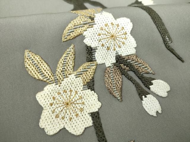 平和屋着物○塩瀬 つけ帯 区限刺繍 総刺繍 枝桜 金糸 正絹 逸品
