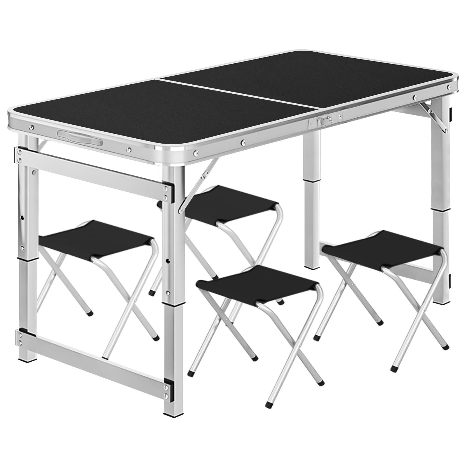 【日本企業】アウトドア テーブル キャンプ テーブル 折りたたみ 高さ3段階調整可能 120×60×(55-62-70)cm ピクニック レジャー キャンプ用 GF (Black-椅子4個付き)