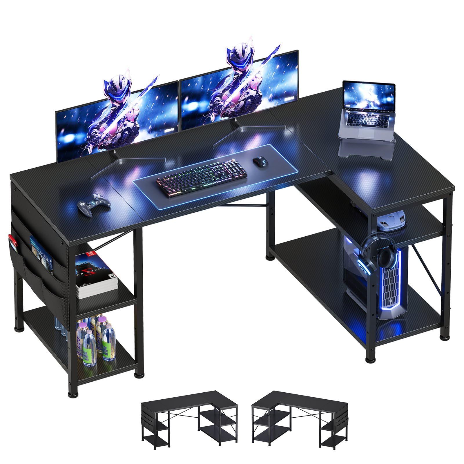 在庫処分　ゲーミングデスク l字デスク机pcデスク幅130cm YeTom パソコンデスク勉強机学習机 左右入替可棚板高さ調節可能 収納袋付き オフィスデスク ワークデスク黒い