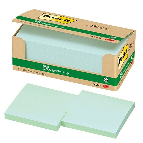 スリーエム(3M) ポストイット エコノパック ノート 再生紙 グリーン 75×75mm 入数：1パック(10パッド) 6541-G(31403)