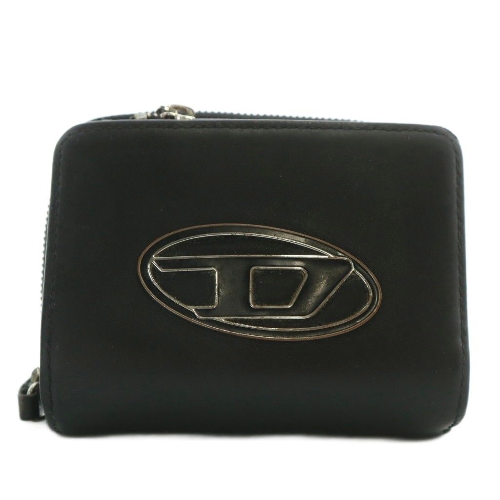 【美品】DIESEL レザー Dロゴ 二つ折り財布 ブラック×グリーン ディーゼル DIESEL 財布 二つ折り レザー ラウンドファスナー D