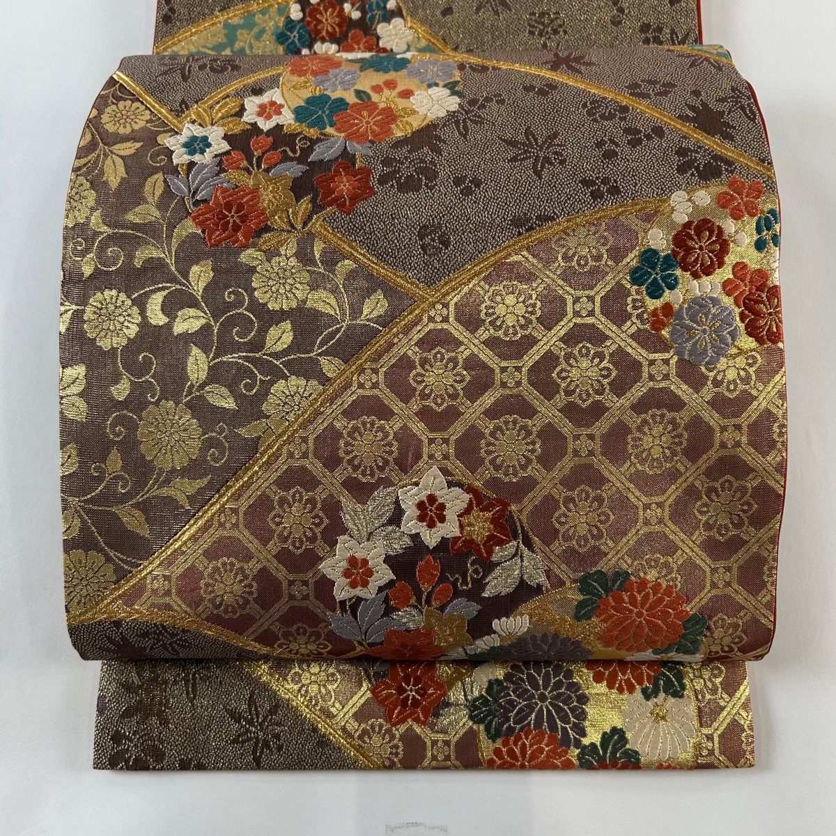 袋帯 秀品 花丸文 花唐草 金糸 刺繍 灰紫 六通 正絹 【中古