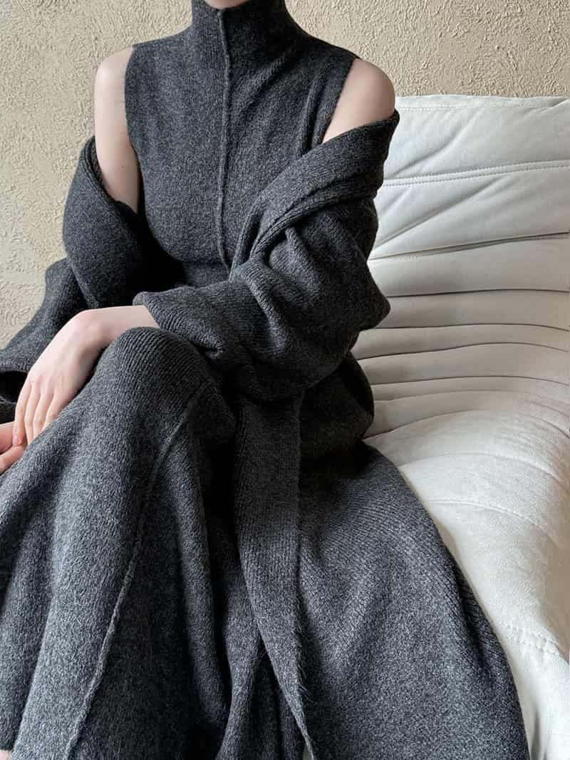 ニットワンピースセット レディース 即 OK 40代 秋冬 長袖 ニットカーディガン ロングワンピース ハイネック厚手 保温 防寒服2点セット 無地ニットセットアップ ファッション 体型カルgelitai 18
