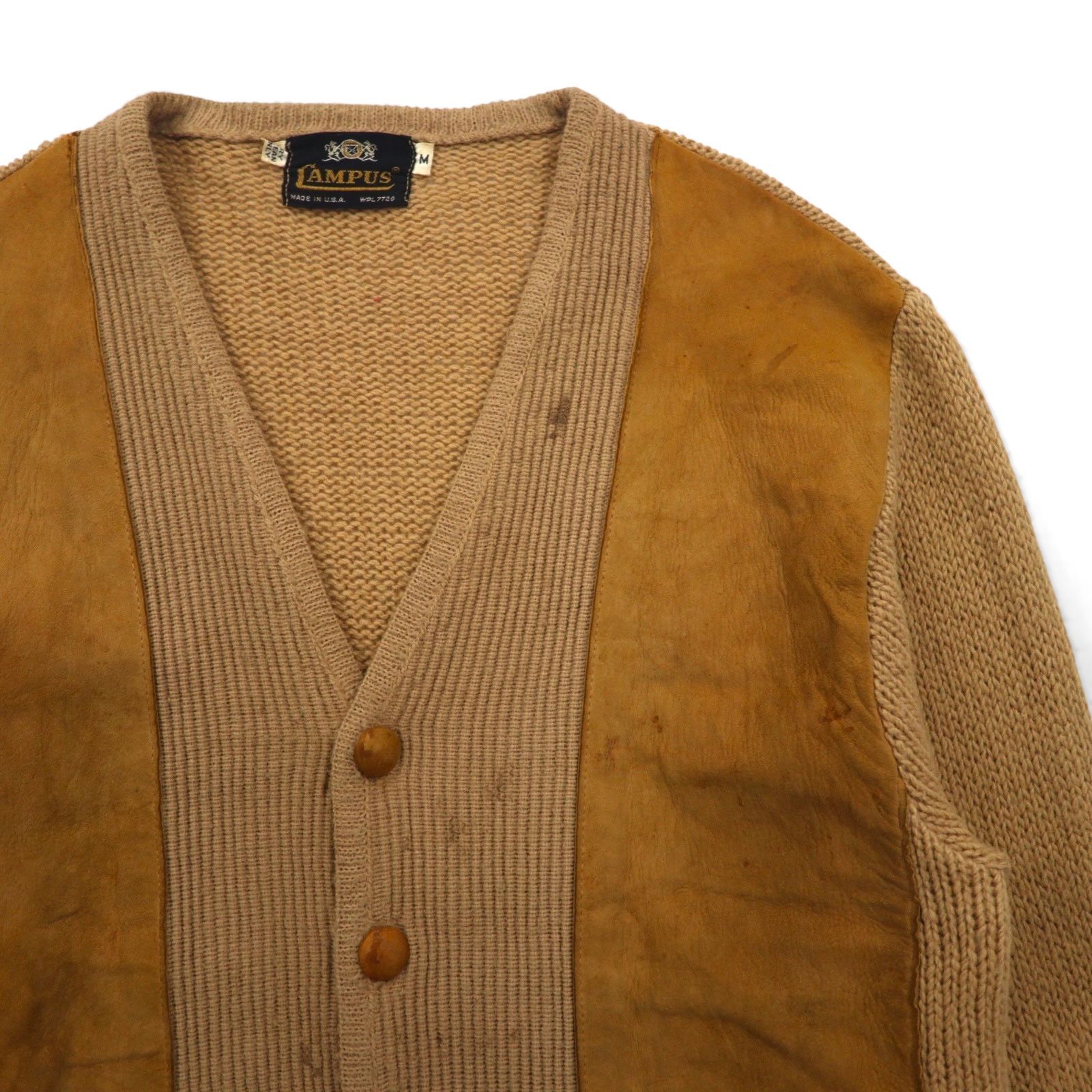 VINTAGE ニット カーディガン レザー切り替え M ブラウン ウール CAMPUS