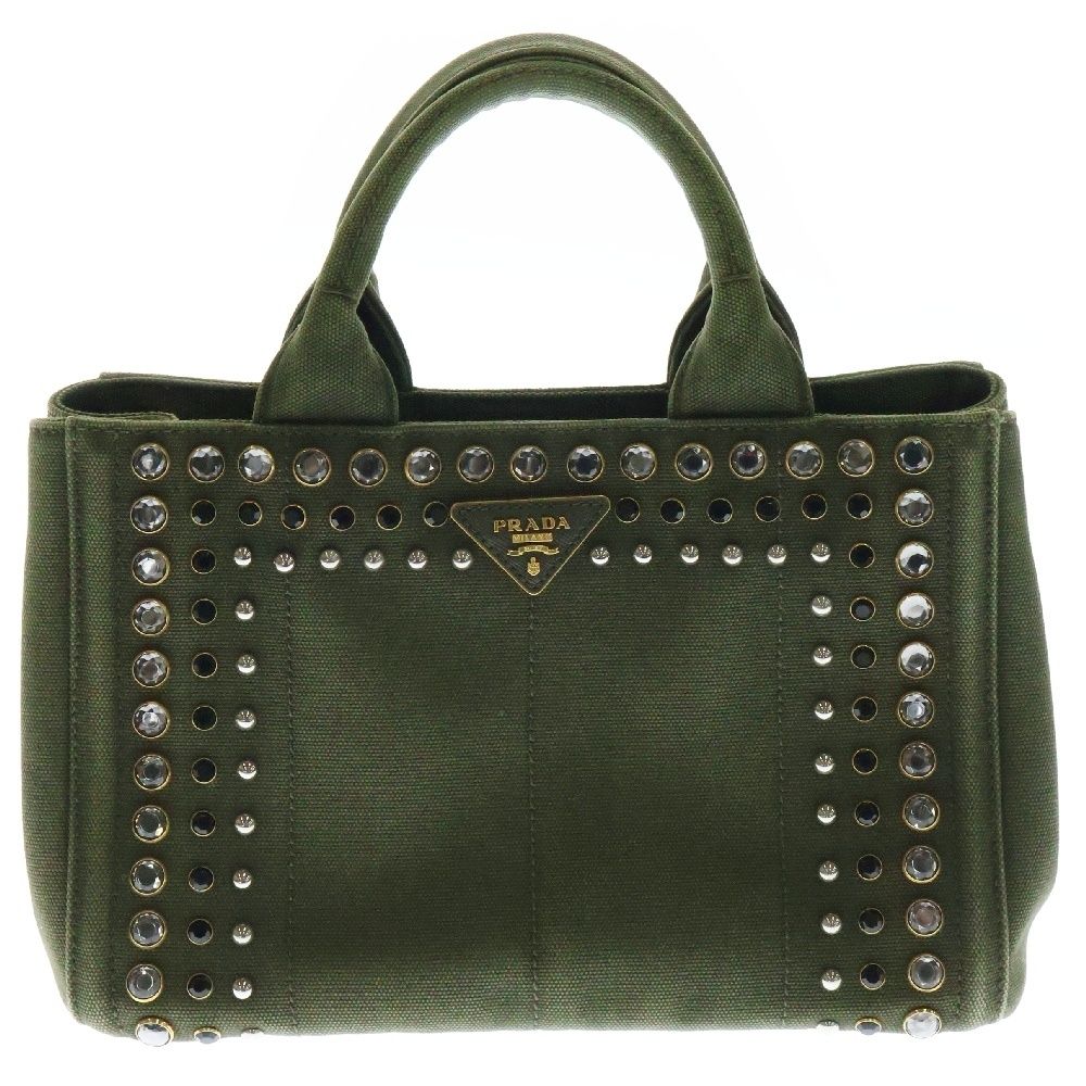 PRADA プラダ ビジュー カナパ トートバッグ ハンドバッグ グリーン オリーブ カーキ キャンバス ゴールド金具 B1872O