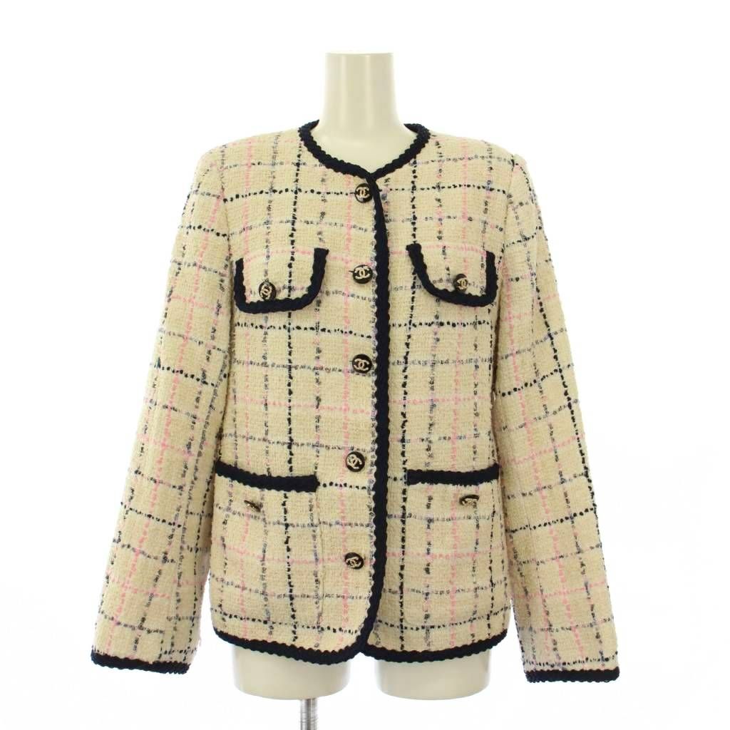 シャネル CHANEL uniform ノーカラージャケット アウター ショート丈 ツイード ココボタン ココマーク ロゴ チェック柄 ウール シルク 36 アイボリー |BB