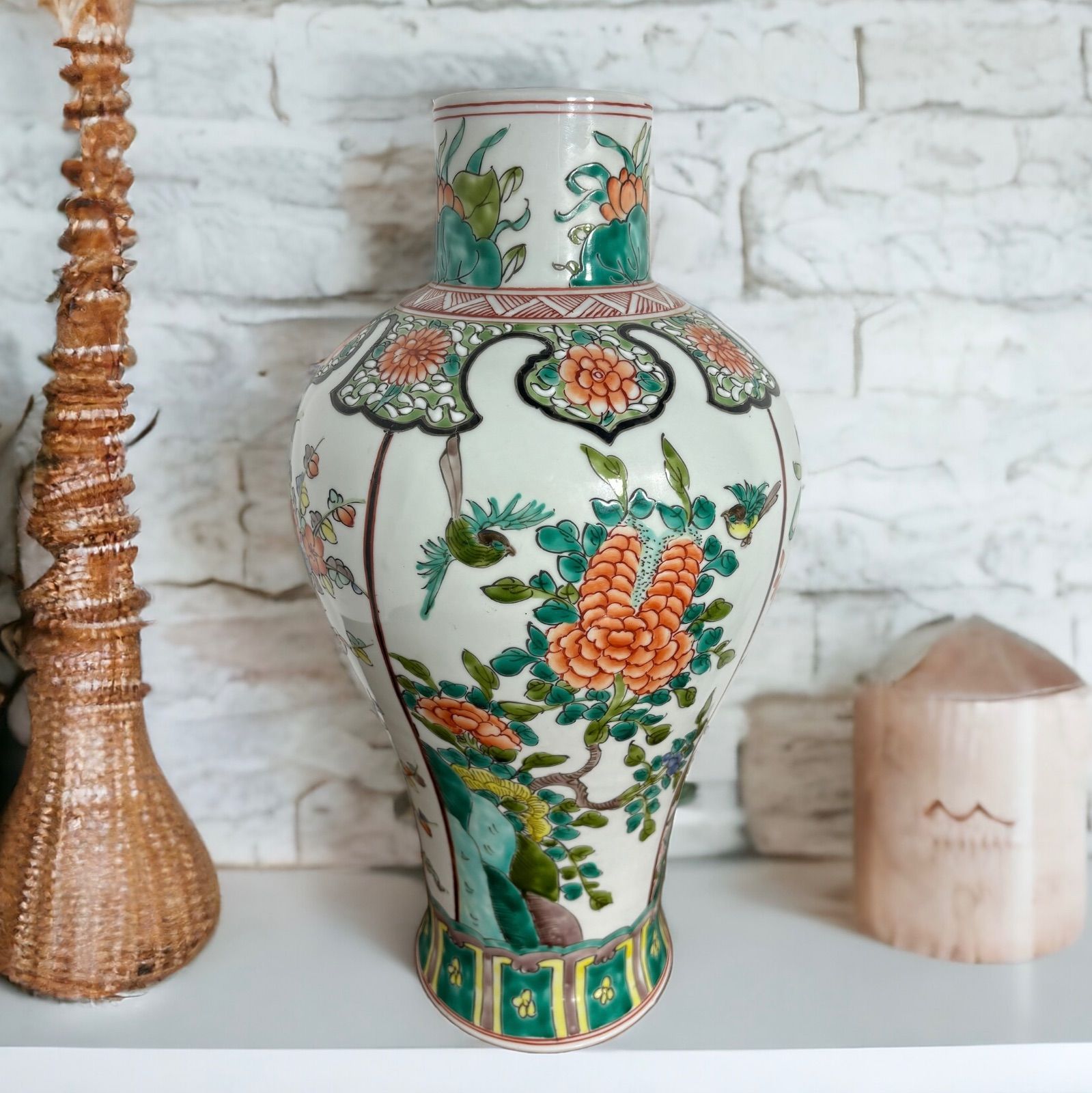 九谷焼 大日本九谷焼古美術 花瓶 890 九谷焼 湖東 四つ耳付 花鳥 大