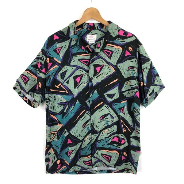 【古着】 PULLu0026BEAR 柄シャツ 開襟 総柄 アート系 モロッコ製 半袖 グリーン系 メンズS 【中古】 n054479