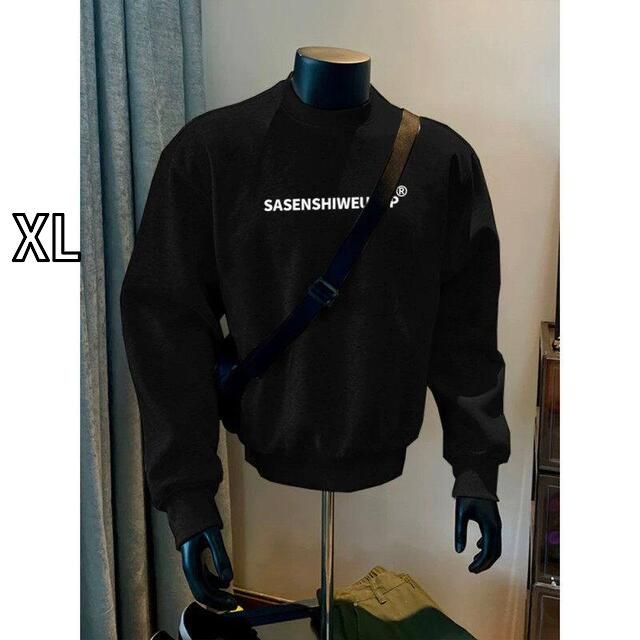 [XL]春 コーデ メンズ 用 服 シンプル ファッション オシャレ 大人 かっこいい 大きいサイズ ストリート 紳士服 クリーン フィット ブラック ラウンドネック スウェット シャツ ヘビー プリン