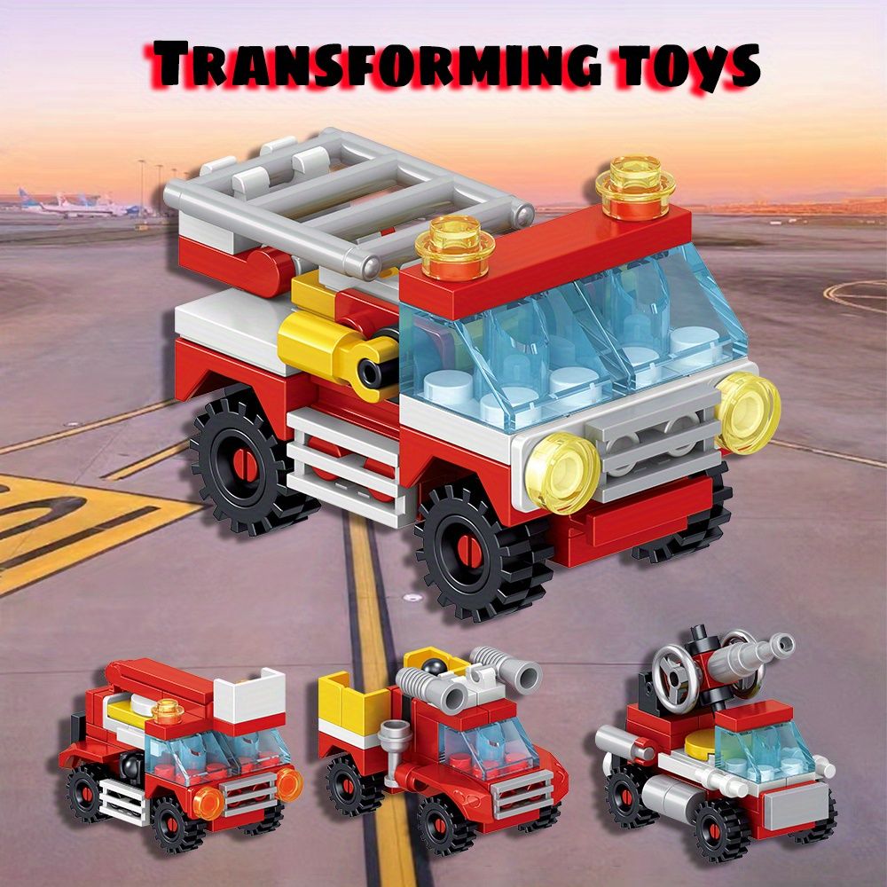 4個の消防車メカビルディングブロックABS素材ミックスカラービルディングブロックセット組み立てブロックプレミアムパッチワークおもちゃクリエイティブなプレイセットを愛する子供たちへの素晴らしい贈り物！