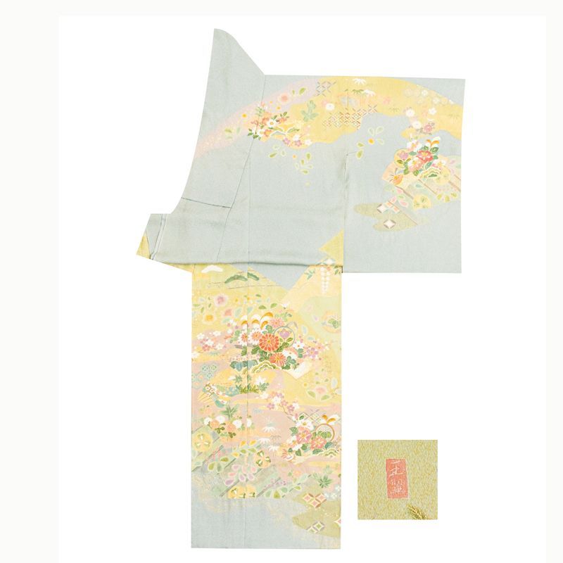 京友禅絞り染、刺繍美術、桶絞り工芸　新品正絹産着純古典四季花毬鈴文 プレミアム古典 吉澤織物/最高級染繍桶絞り友禅 ピンク/白/金 菊