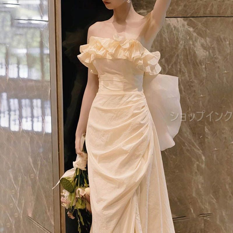 ウェディングドレス 花嫁 二次会 ウエディングドレス 結婚式 ロングドレス ライトドレス クリーム オフショルダー フリル タイト 細身 挙式 前撮り 披露宴 ブライダル