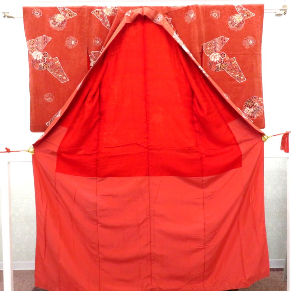 アンティーク 袷 茶 白 赤 黒 金 花 地模様入 バチ衿 正絹 レトロ 明治