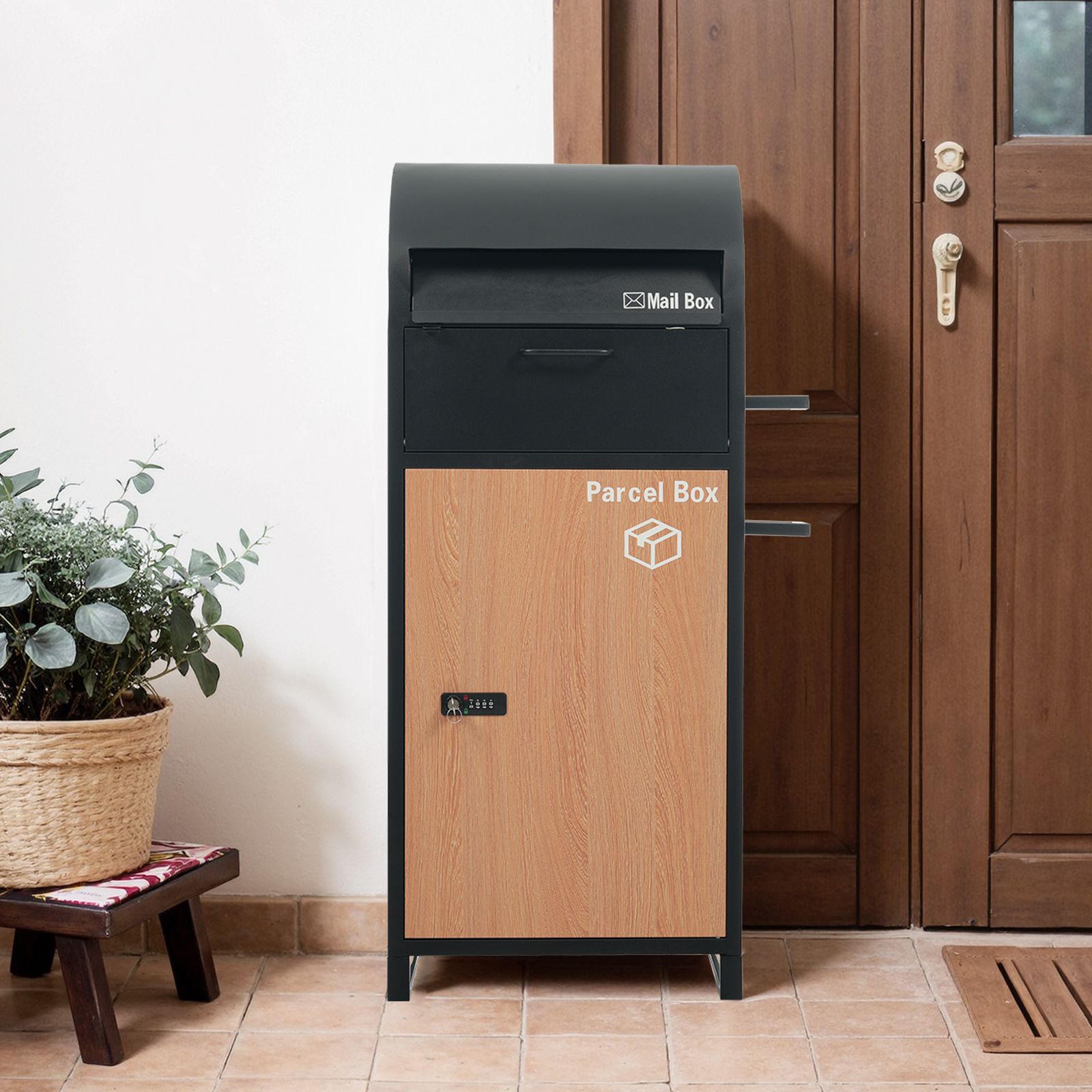 ポスト 置き型 ほぼ完成品 傘立て付き ポスト付き 宅配ボックス付き スタンドポスト おしゃれ 一戸建て用 大型 郵便受け 置き配 シンプル 玄関 ブラック 木目