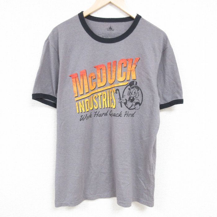 XL/古着 半袖 Tシャツ メンズ ディズニー DISNEY スクルージマクダック 大きいサイズ クルーネック グレー 霜降り リンガー 24jun24 中古