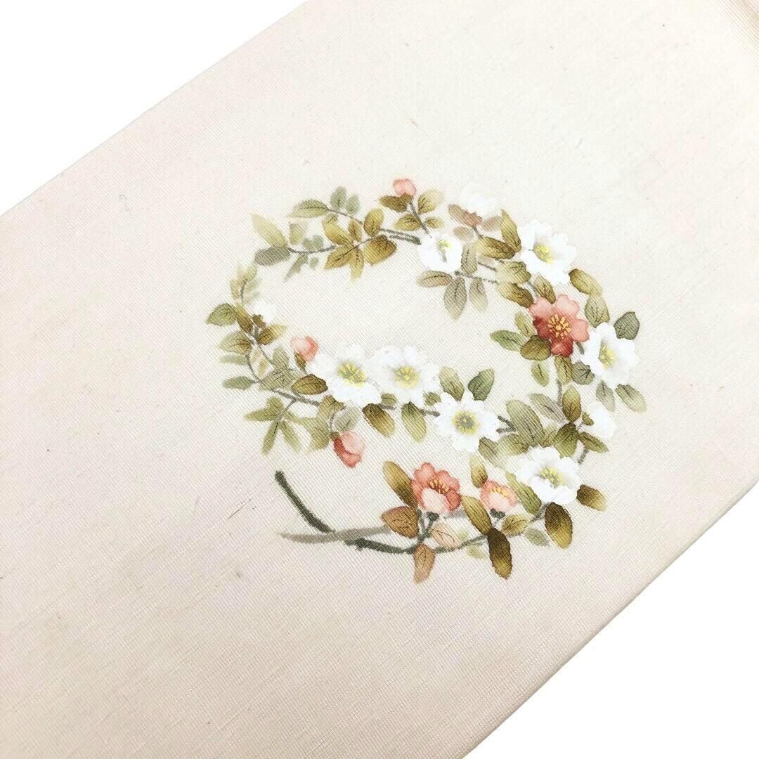 名古屋帯 上品な花草模様 手描き 紬 乳白色 O-3513