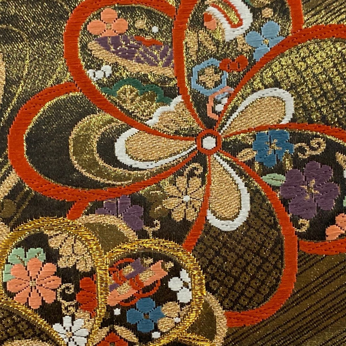 袋帯 美品 秀品 振袖向き 梅 宝尽くし 金糸 箔 黒 六通 正絹