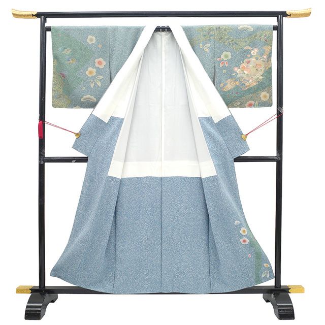 訪問着　染め　枝垂れ梅　菊　水色系　ゆったりサイズ　未使用 訪問着 枝垂桜に霞花丸紋 S / mtu_210