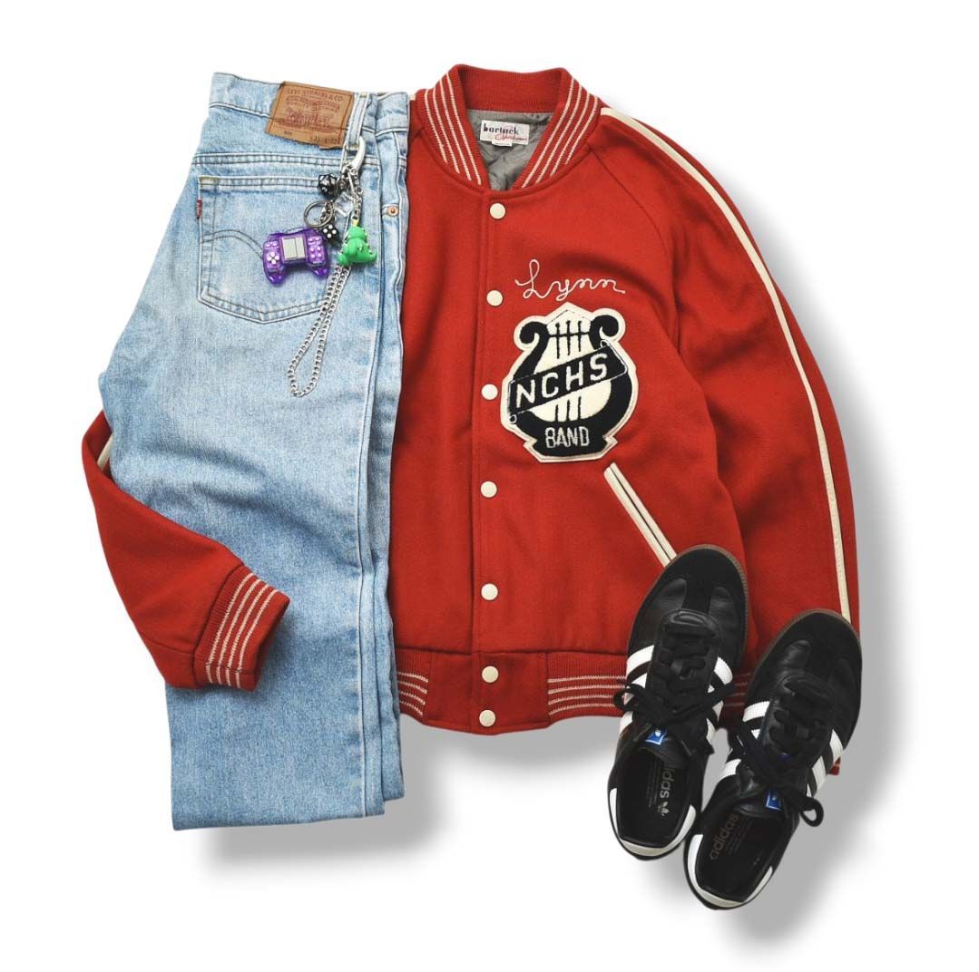 90s ヴィンテージ バータック bartack ウール スタジアム ジャケット スタジャン ラグラン 牛革 レザー 切替 裏地 中綿 キルティング バンド ワッペン ロゴ 紐刺繍 M レッド メンズ