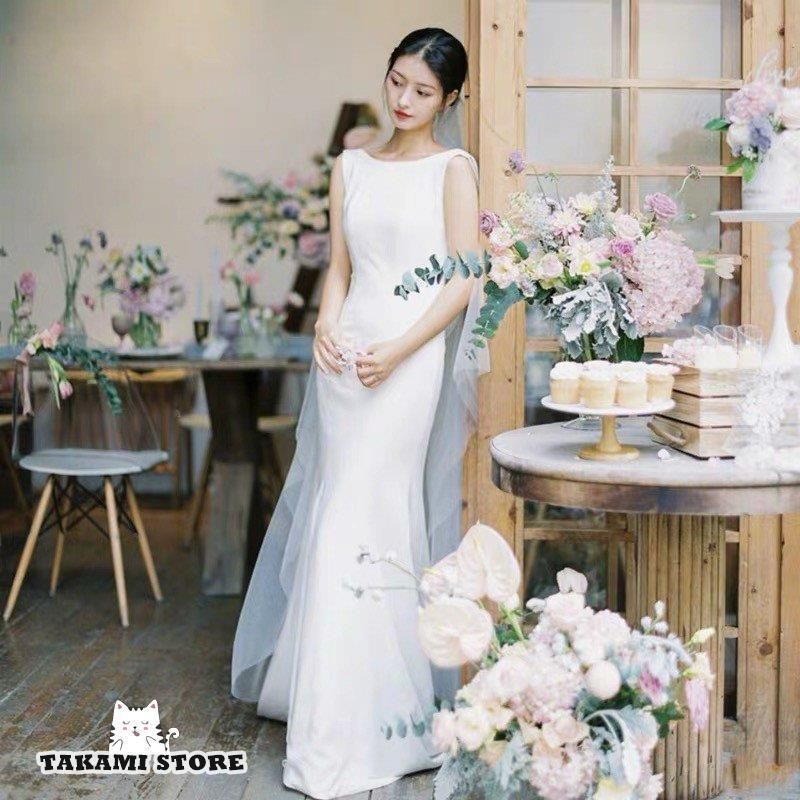 ウエディングドレス マーメイドライン 大きいサイズ 二次会 花嫁 結婚式 白 ロング トレーンドレス スレンダーライン ラウンドネック ノーWP