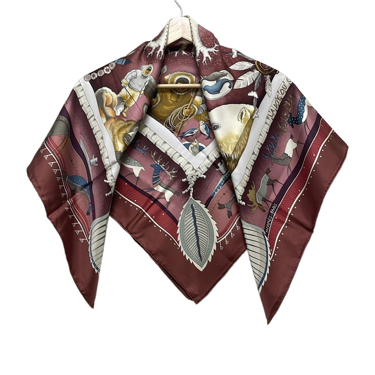 HERMES エルメス スカーフ カレ90 ボルドー×アイボリー×マルチ LA VIE DU GRAND NORD