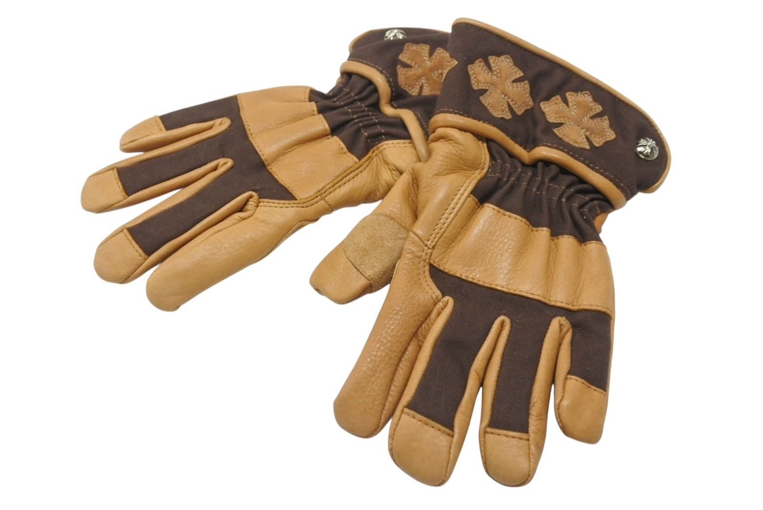 ♥ CHROME HEARTS クロムハーツ レザーグローブ サイズM CHプラスパッチ クロスボールボタン 6パッチ シルバー925 4b006590