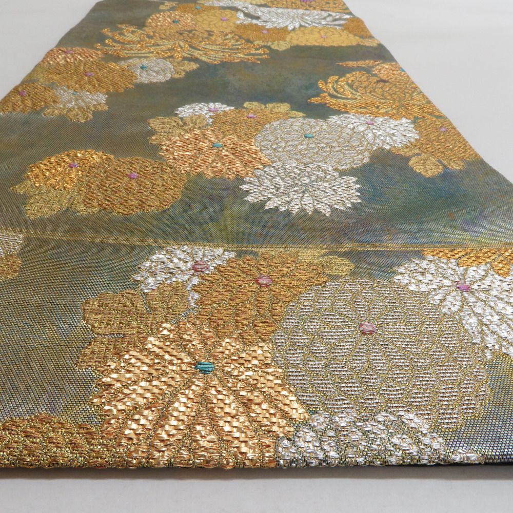 袋帯 正絹 パステル系 螺鈿入り 緑色x紫色x金色 流水に切嵌の吉祥