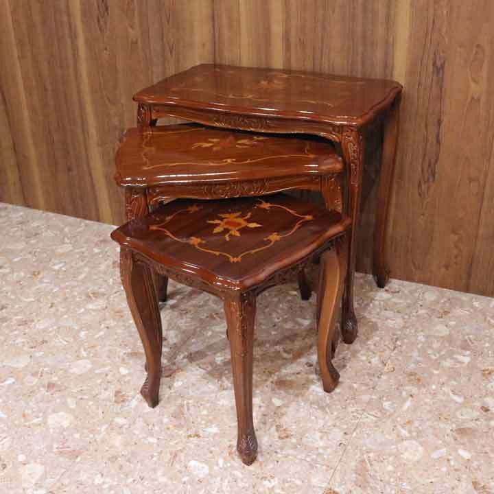 イタリア ネストテーブル 3台セット テーブル 花台 茶 象嵌 猫脚 完成 