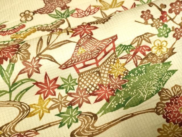 平和屋着物▽上質な小紋 単衣 型染 流水風景花鳥文 正絹