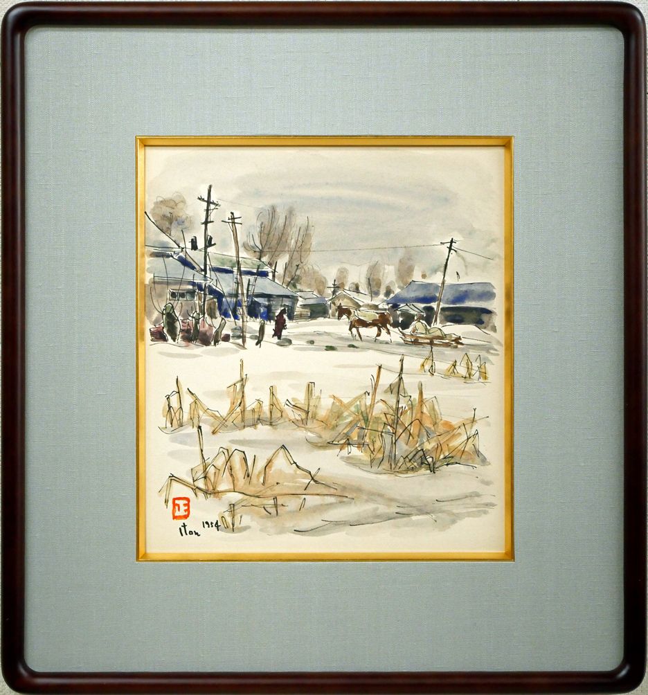 冬の風景 水彩画 金色フレーム付き　正教会　馬橇 冬の風景 水彩画 金色フレーム付き 正教会 馬橇