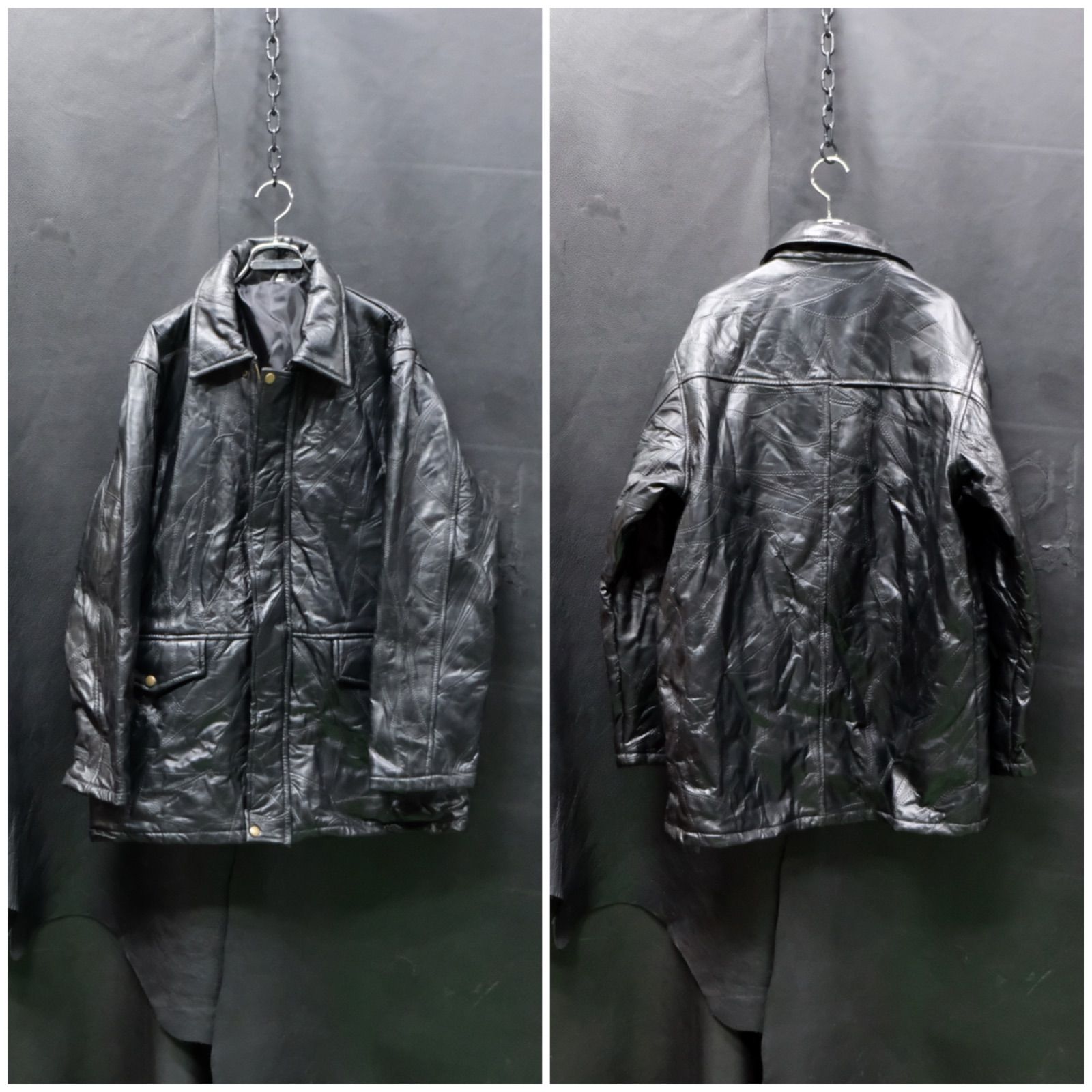 ハードパッチワーク レザーハーフコート LL/XL ツギハギ カーコート 羊