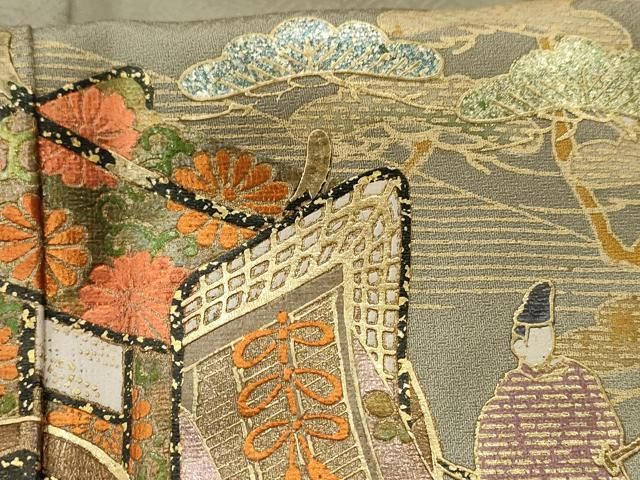 平和屋-こころ店■豪華振袖　駒刺繍　御所車花鳥文　金彩　三越扱い　正絹　逸品　AAAK3176Aog