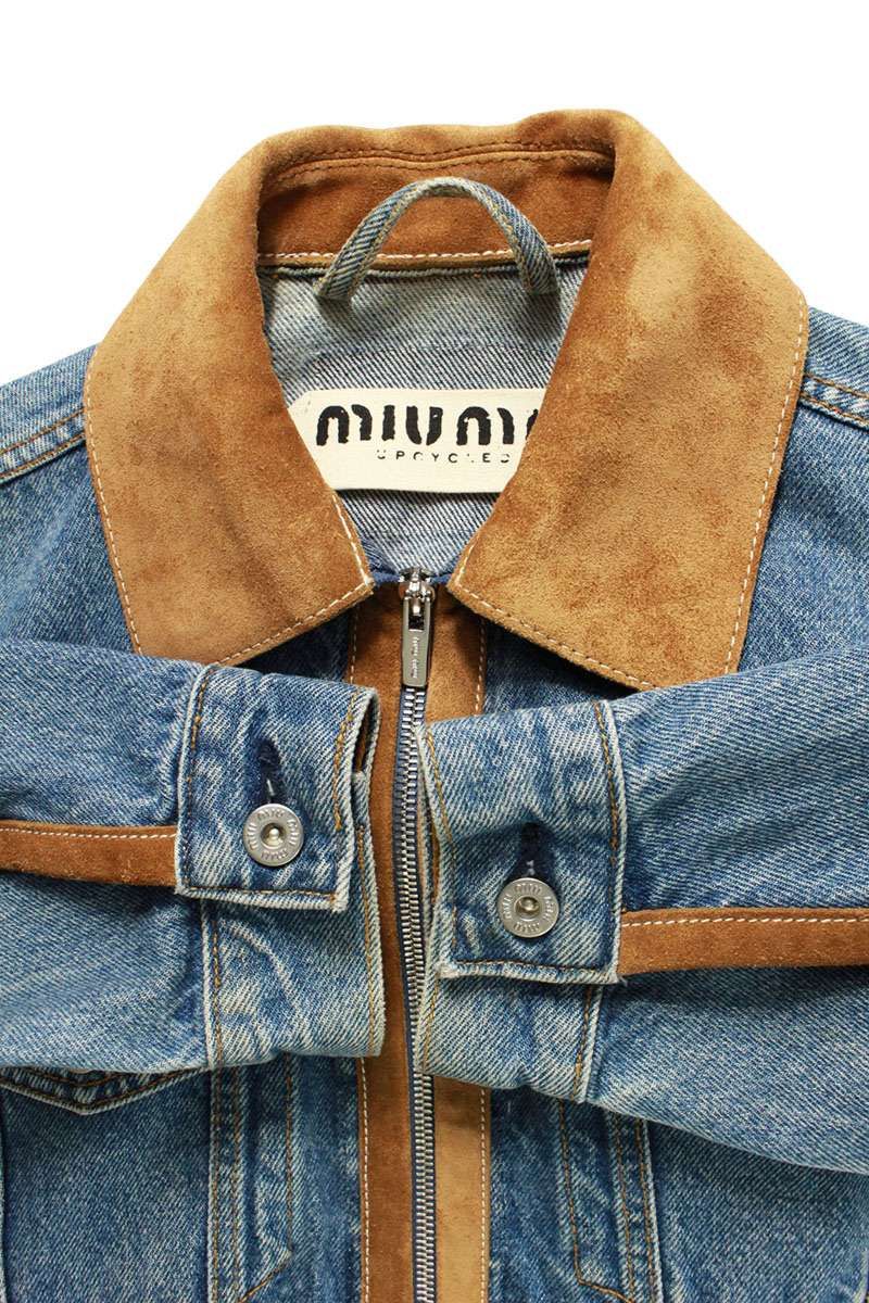 ミュウミュウ GWB207 ロゴ刺繍スエード切替ジップアップデニムジャケット レディース 36 SIROKUMA-CORPORATION_COM