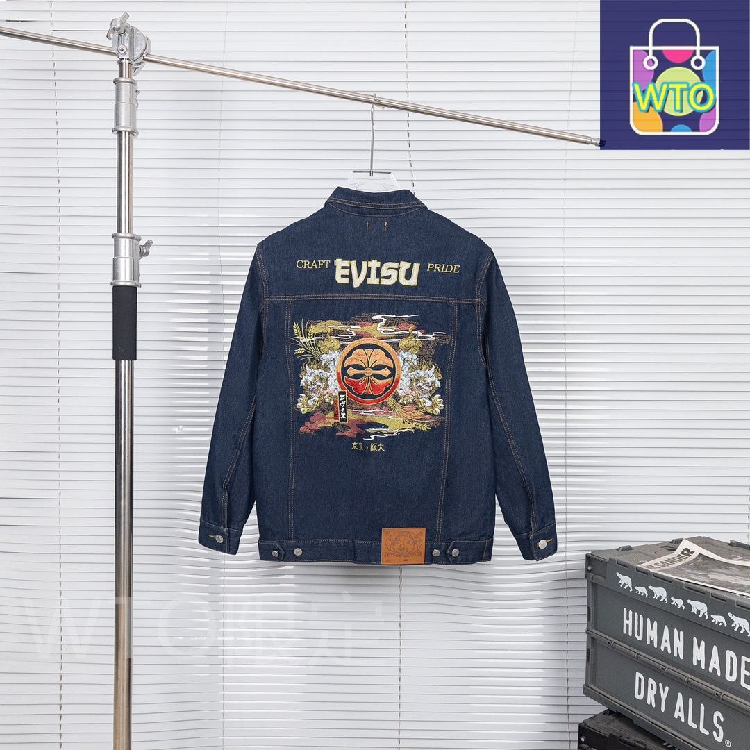 EVISU メンズ デニムジャケット 双狛犬刺繍 ウォッシュ加工 M-2XL | ♥品 -WTO輸入1