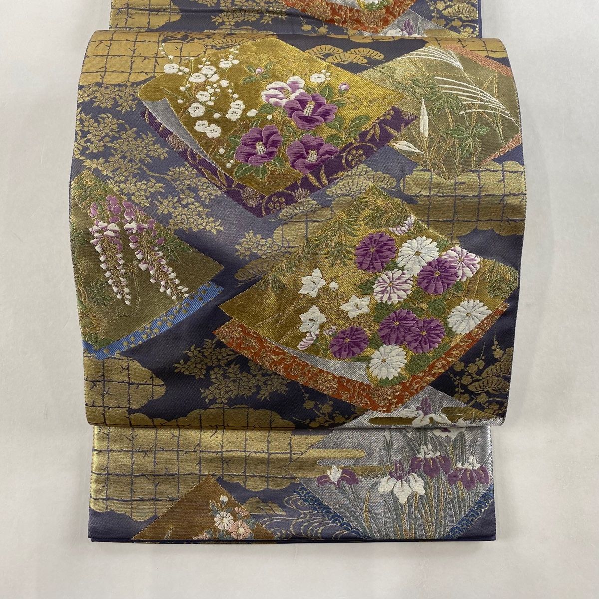 在庫一掃 袋帯 落款 じゅらく帝王紫 鈴乃屋 花鳥 雲文 金糸 箔 紫 六通 正絹