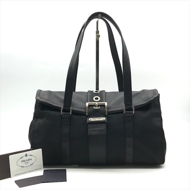 美品 PRADA プラダ 三角ロゴ プレート ナイロン テスート レザー 