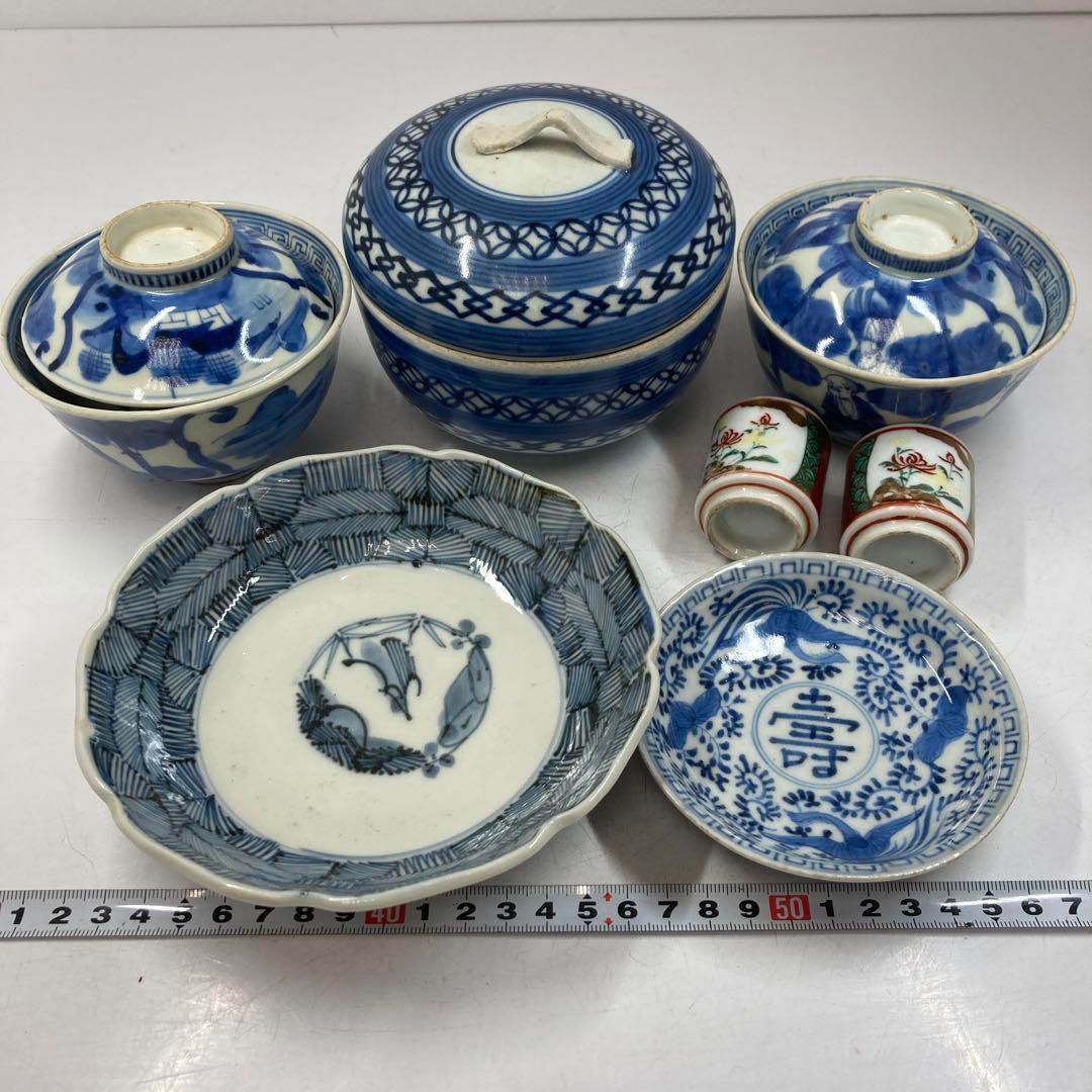 古伊万里　染付蓋茶碗7客と蓋1点　身直径11.6㎝　東Y5-0616①タルニ 古伊万里 染付蓋茶碗、皿等7点 東Y5-0614① - メルカリ