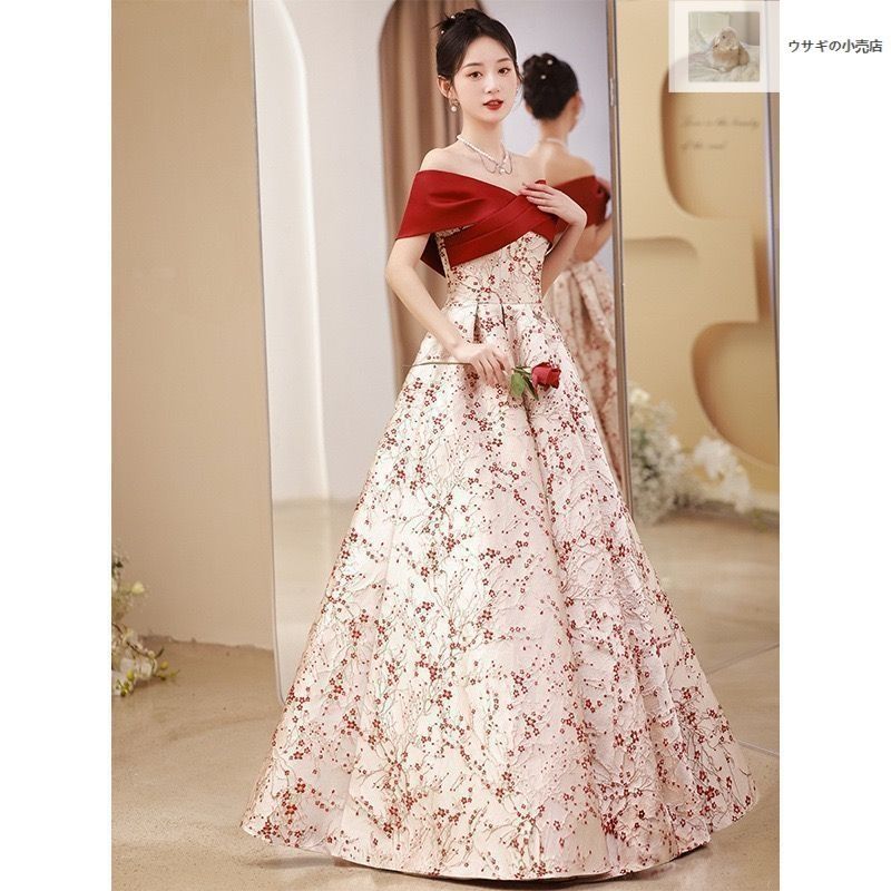 カラードレス ロングドレス 赤 ワインレッド 演奏会 Aライン