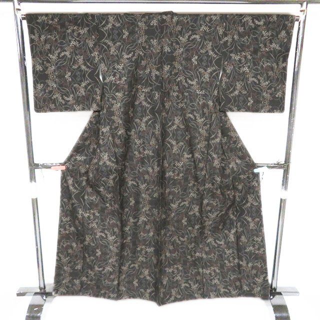 大島紬 着物 正絹 袷 カジュアル 花模様 黒茶色 多色 身丈160cm 裄66cm M きもの北條 A1282-6