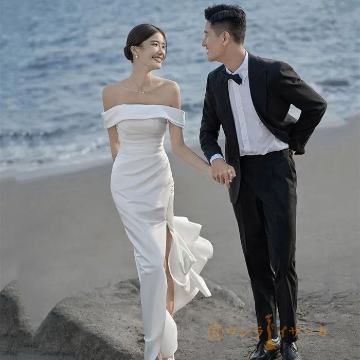 ウェディングドレス ホワイト 花嫁 サテン 前撮り 結婚 パーティー 2次会 ウェディングドレス 二次会 結婚式 ブライダル ロングドレス