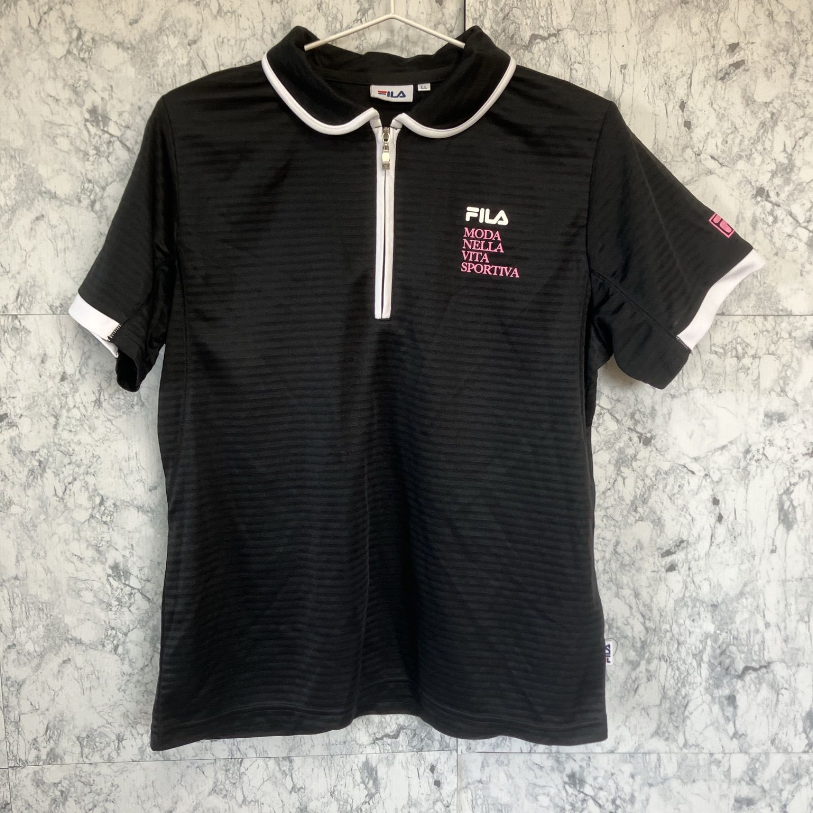 FILA フィラ Tシャツ LL スポーツウェア ハーフジップアップ 襟 黒 ブラック ボーダー ロゴ 薄手 半袖