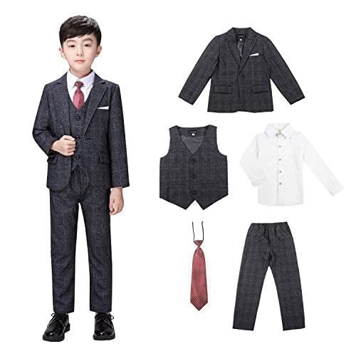 150_グレー1（5点セット） [WEEN CHARM] 男の子 フォーマルスーツ 子供 スーツ ボーイズ チエック柄 キッズ 千鳥柄 4点セット 発表会 七五三 結婚式 かっこいい 入学式 卒業式 90~150