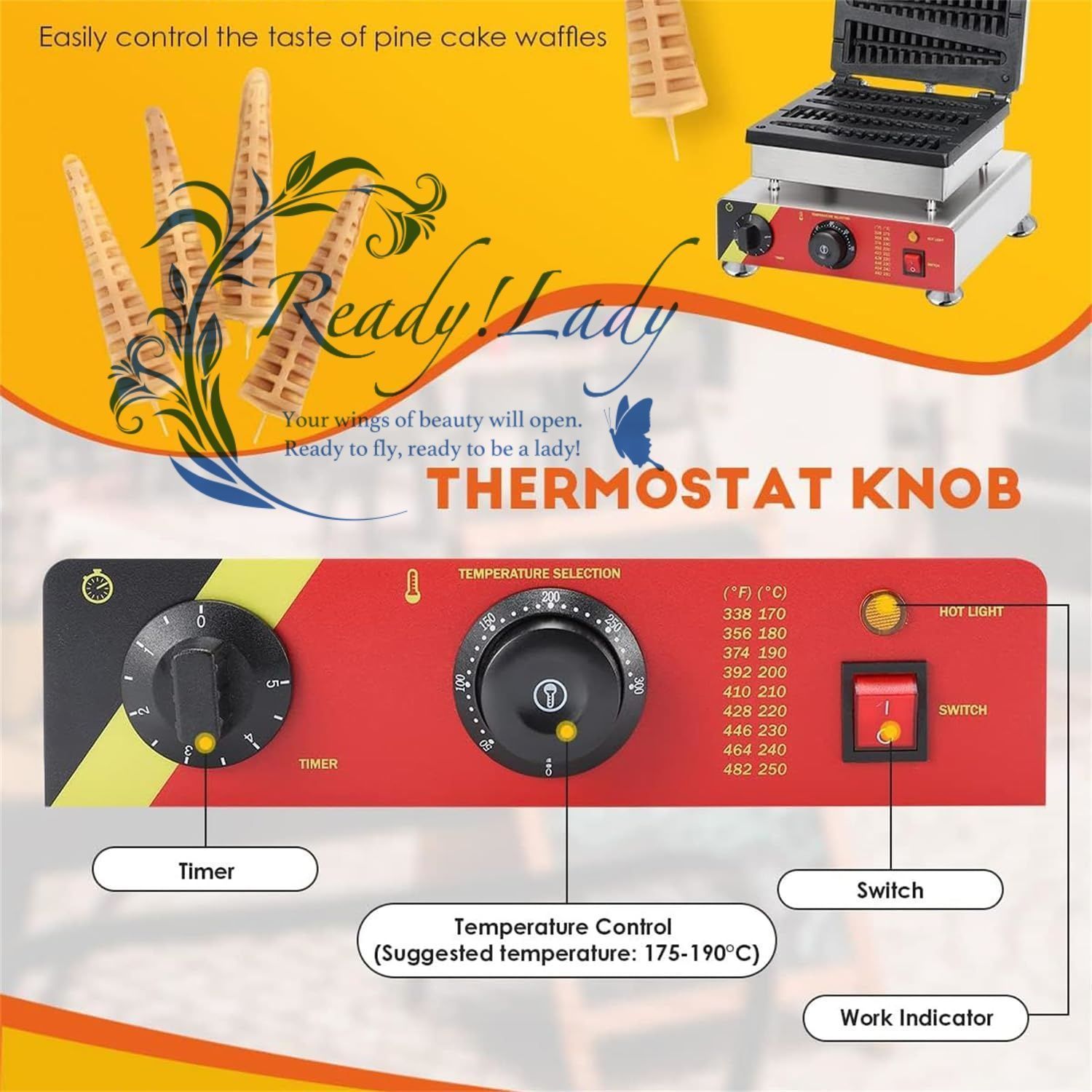 コマーシャル1500W電気ワッフルメーカー - 304ステンレス鋼 焦げ付き防止の取り外し なプレート 0-300°Cの温度制御 5分間のタイマー