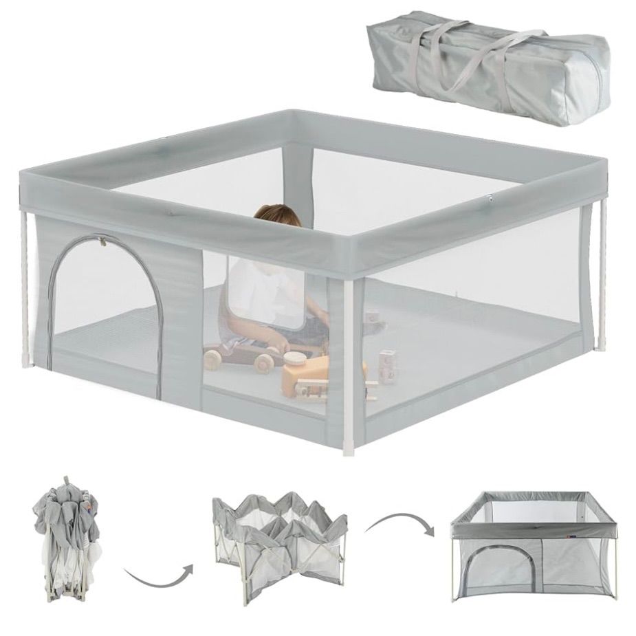 3149 MEICHEPRO 折り畳み式ベビーサークル 組み立て不要 ソフトベビーサークル メッシュ 四角 扉付き 赤ちゃん サークル 収納バッグ付き 150*150cm