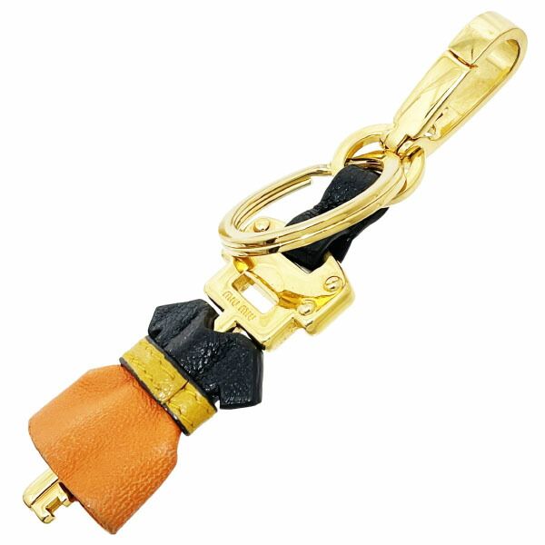 ミュウミュウ キーホルダー キーモチーフ チャーム レザー 革 マルチ ブラック 黒 オレンジ ゴールド金具 5 AR 149 MIU 女の子モチーフ バッグチャーム キーフック キー 鍵 ブランド小物 き