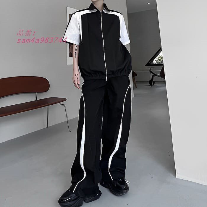 セットアップ メンズ 半袖 フルジップジャケット パンツ 2点セット カジュアル 10代 高校生 ストリート 原宿 20代 スーツ 通学 中学生 韓国 モード 春夏秋 am4a983744