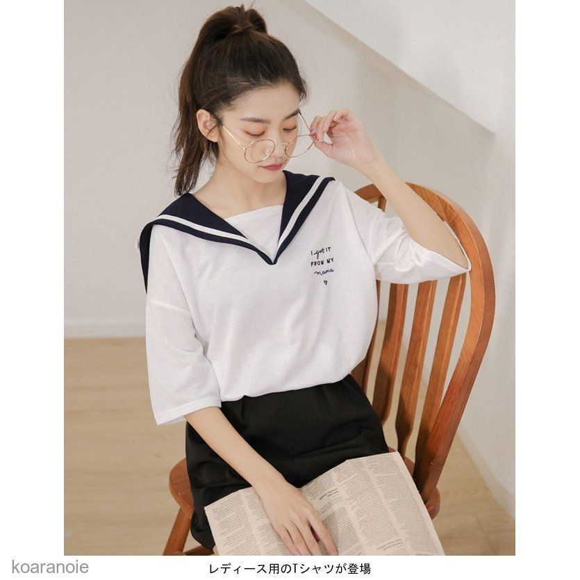 Tシャツ レディース セーラー服 半袖 カットソー マリンセーラー 半袖Tシャツ 女性用 夏物 トップス 爽やか 薄手 ゆったり お洒落 Tシャツ レディース セーラー服 半袖 カットソー マリンセーラー