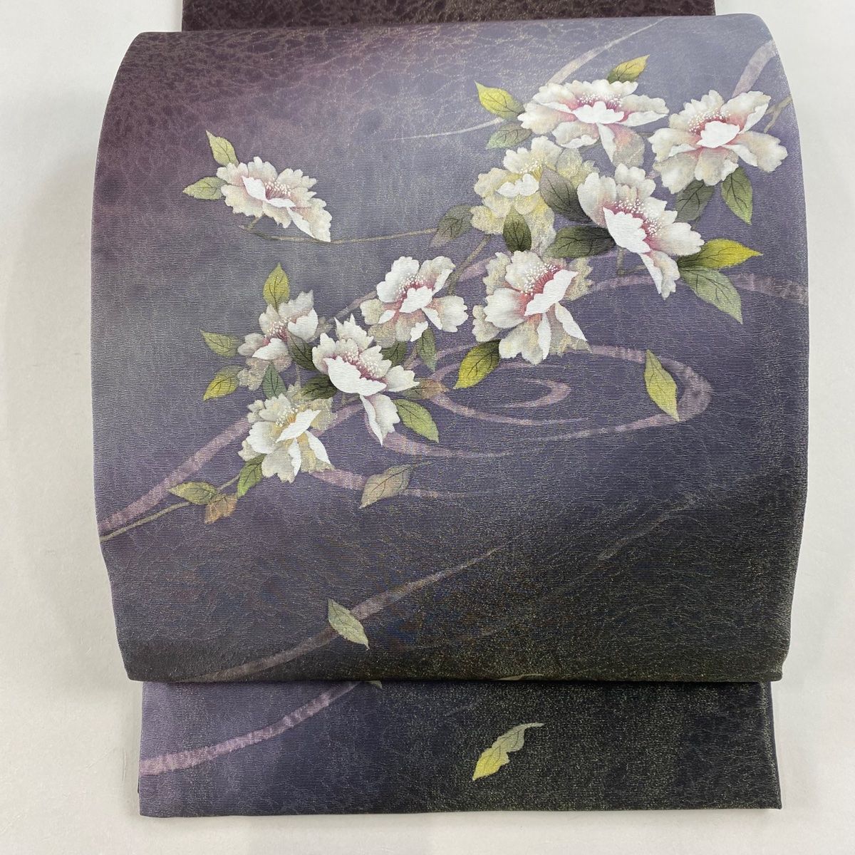 袋帯 名品 草花 流水 箔 ぼかし 灰紫 お太鼓柄 正絹