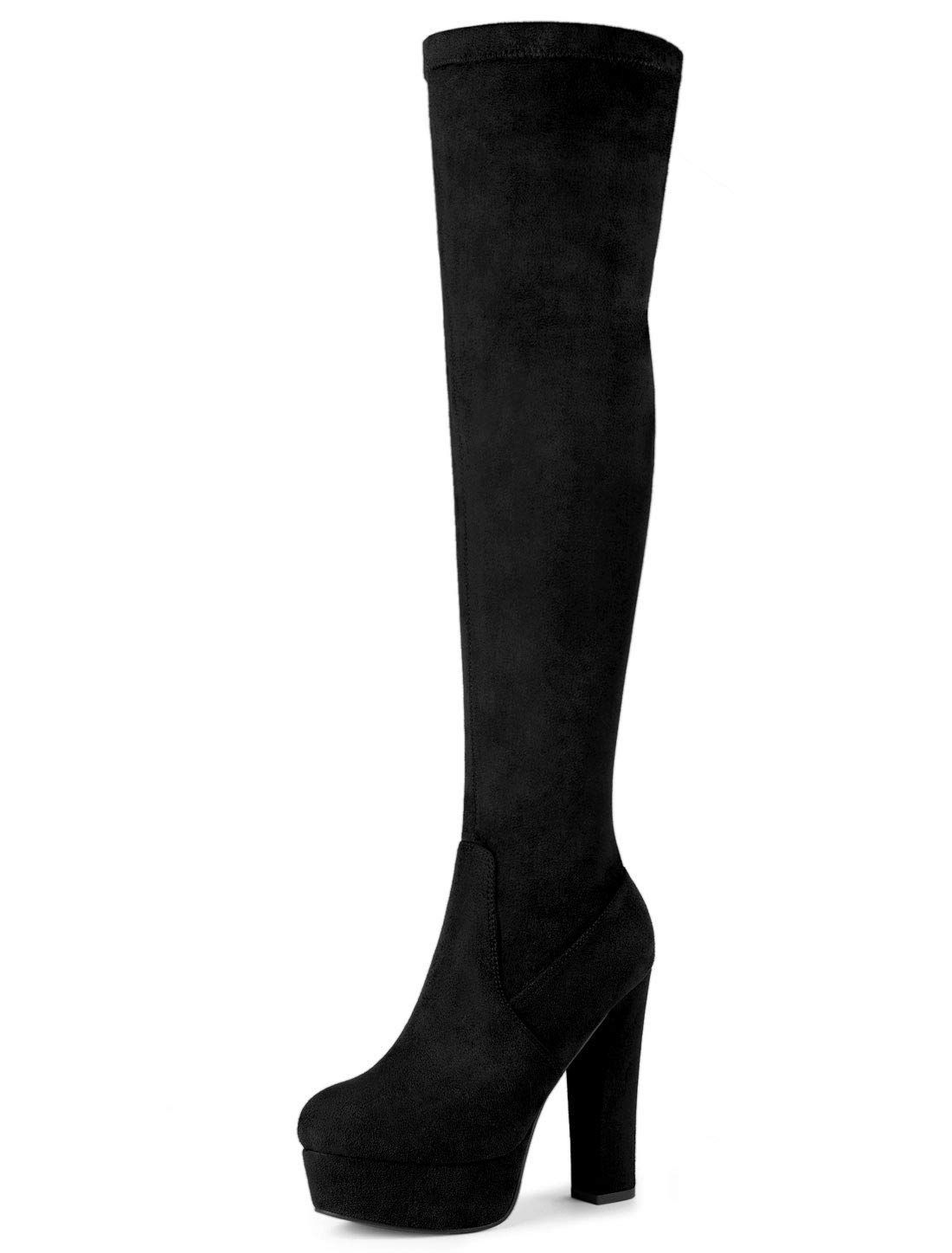 Size 23.5 cm 2E_Color ブラック Allegra K ニーハイブーツ 厚底 ブーティ プラットフォーム ブロックヒール レディース カジュアル パーティー ハロウィン 滑り止め ファッション 高筒ブーツ ブラック 23.5cm